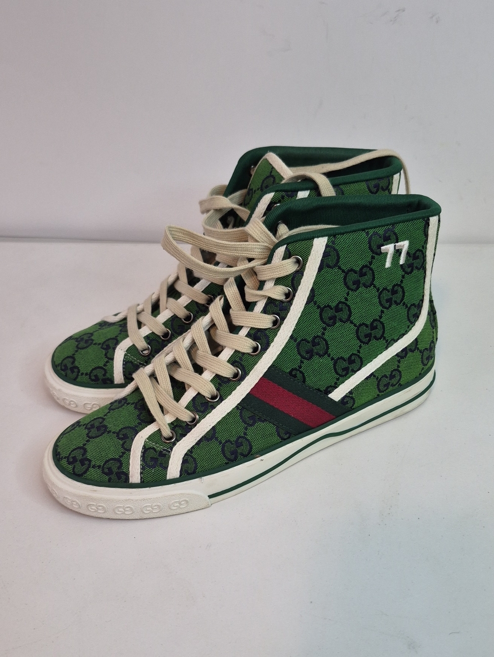 Gucci Green GG Canvas High-Top Sneakers with Red Web Stripe Size 39
